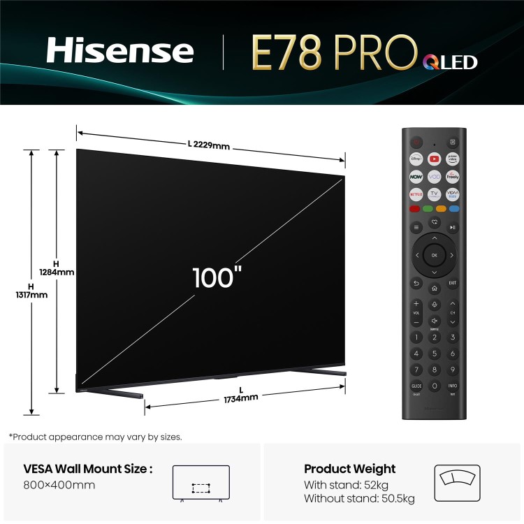 Hisense E78QTUK PRO 100 inch Smart 4K Ultra HD QLED TV