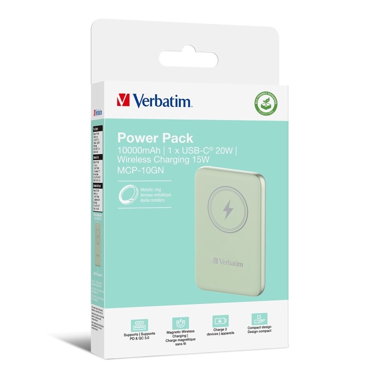 Verbatim Charge ´n´ Go 10000mAh Magnetic Wireless Power Bank Green