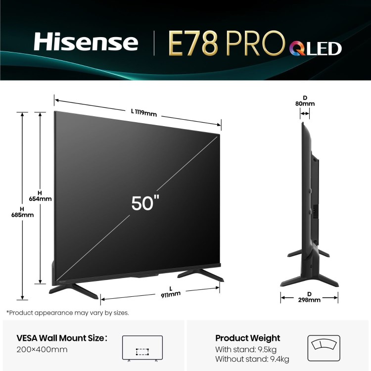 Hisense E78QTUK PRO 50 inch Smart 4K Ultra HD QLED TV