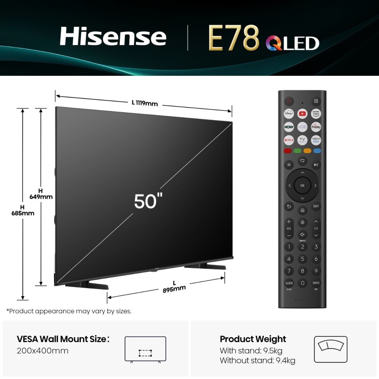 Hisense E78QTUK 50 inch Smart 4K Ultra HD QLED TV