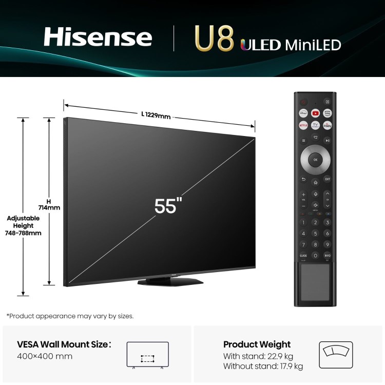 Hisense U8QTUK 55 inch Smart 4K Ultra HD Mini-LED TV