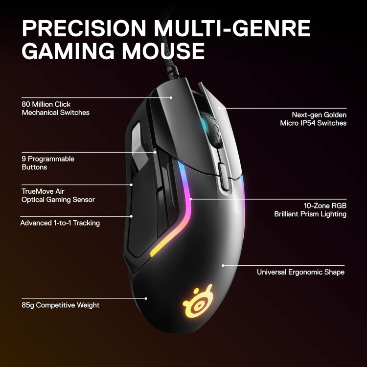 SteelSeries Rival 5 RGB Wired Optical Gaming Mouse Black