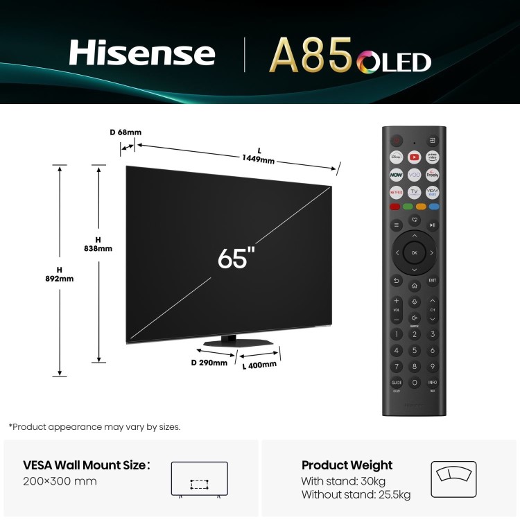 Hisense A85QTUK 65 inch Smart 4K Ultra HD Mini-LED TV