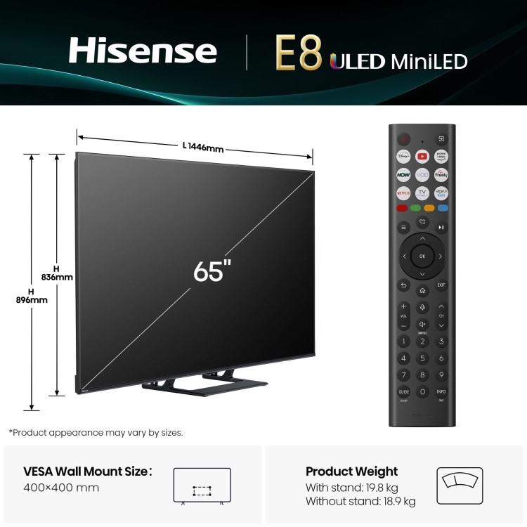 Hisense E8QTUK 65 inch Smart 4K Ultra HD Mini-LED TV