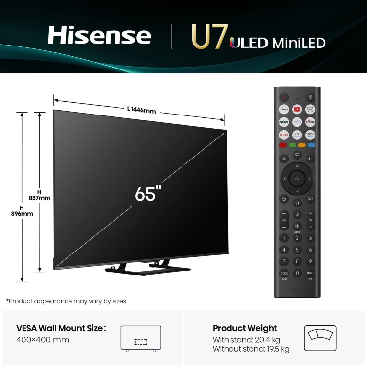 Hisense U7QTUK 65 inch Smart 4K Ultra HD Mini-LED TV