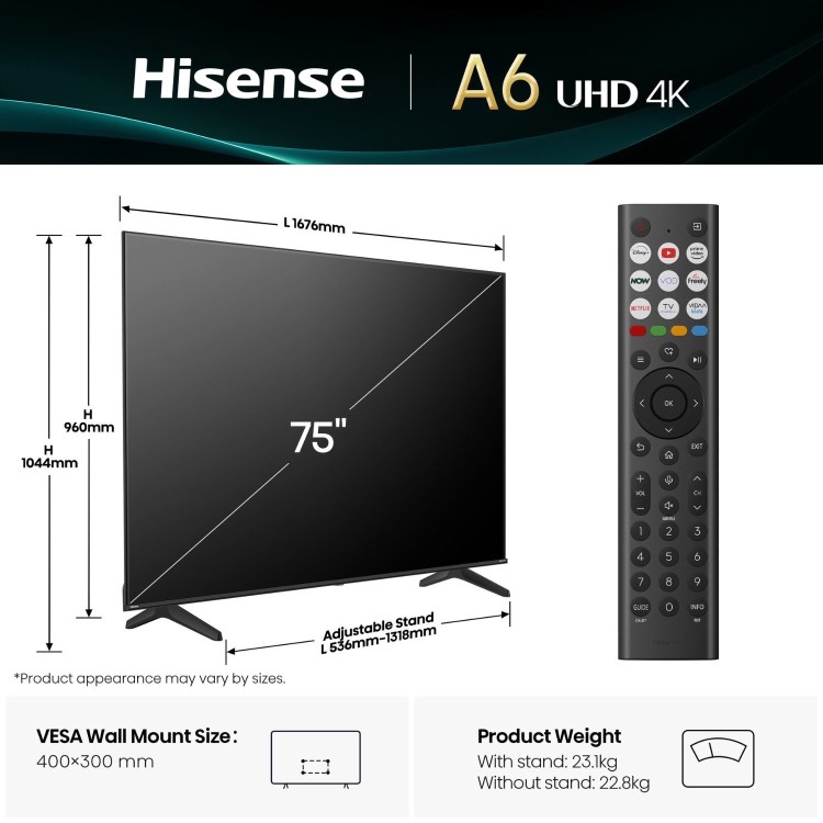 Hisense A6QTUK 75 inch Smart 4K Ultra HD TV