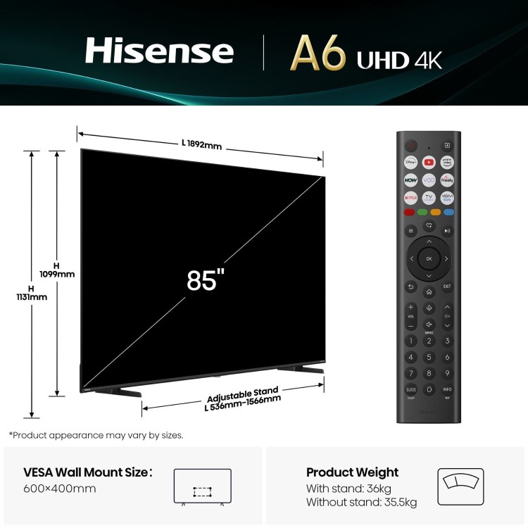 Hisense A6QTUK 85 inch Smart 4K Ultra HD TV