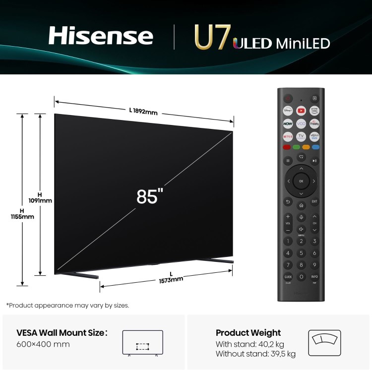 Hisense U7QTUK 85 inch Smart 4K Ultra HD Mini-LED TV