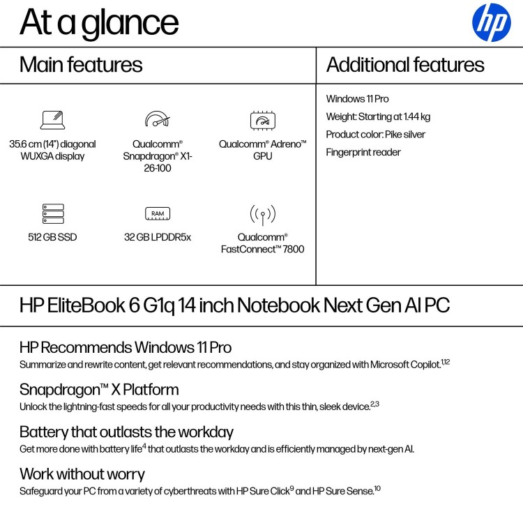 HP EliteBook 6 G1q Next Gen AI Qualcomm Snapdragon 32GB RAM 512GB SSD 14 Inch Windows 11 Pro Laptop