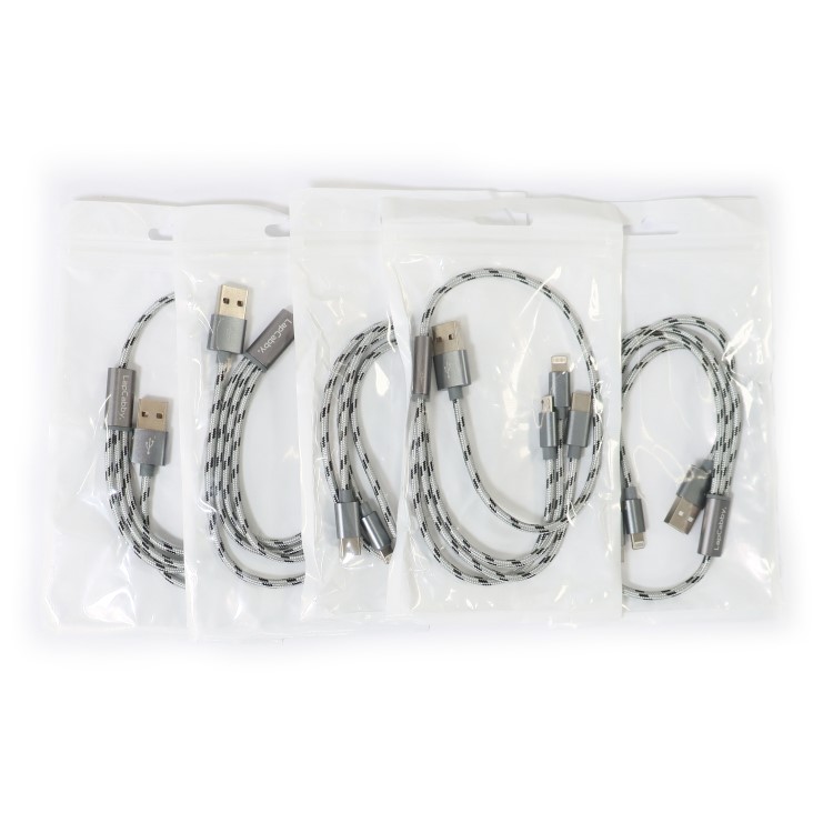 LapCabby 3in1 Grounded Lightning Cables USB-A to USB-C/Apple Lightning/Micro USB 5 Pack