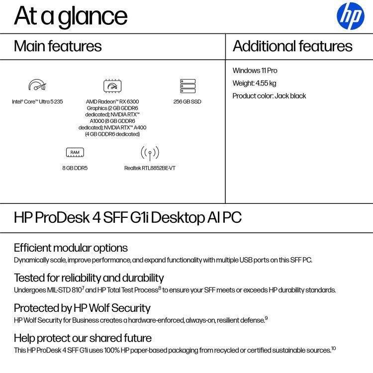 HP ProDesk 4 SFF G1i AI Intel Core Ultra 5 235 8GB RAM 256GB SSD Windows 11 Pro Desktop PC