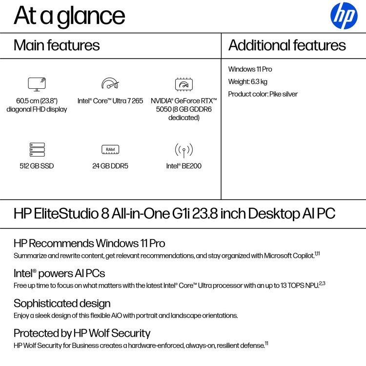 HP EliteStudio 8 Intel Core Ultra 7 265 24GB RAM 512GB SSD 23.8 Inch Windows 11 Pro All-in-One PC