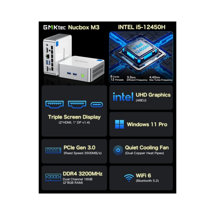 GMKTec NucBox M3 Intel Core i5-12450H 16GB RAM 512GB SSD Windows 11 Pro Mini PC