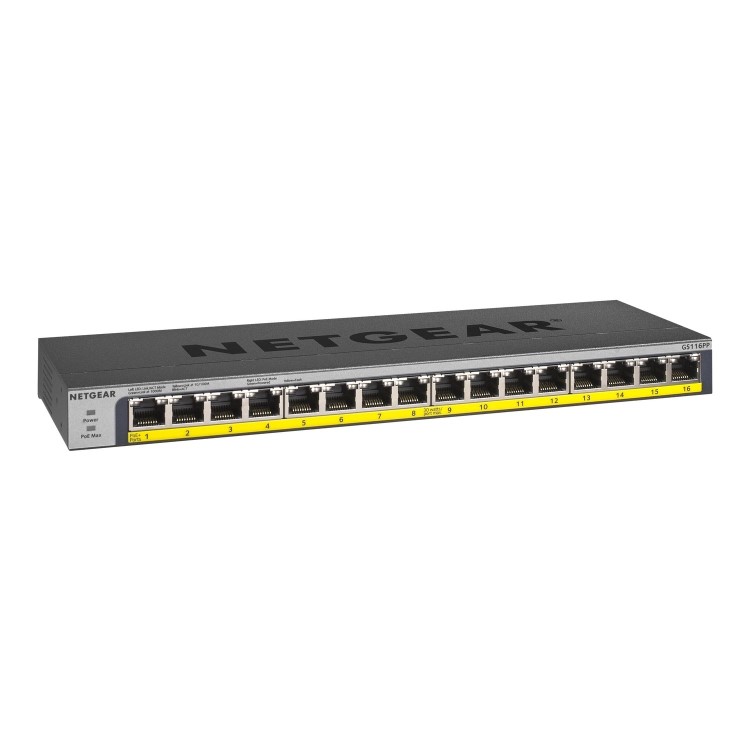 Netgear GS116LP 16-Port x 10/100/1000 PoE+ DC Power Rack Mountable Network Switch