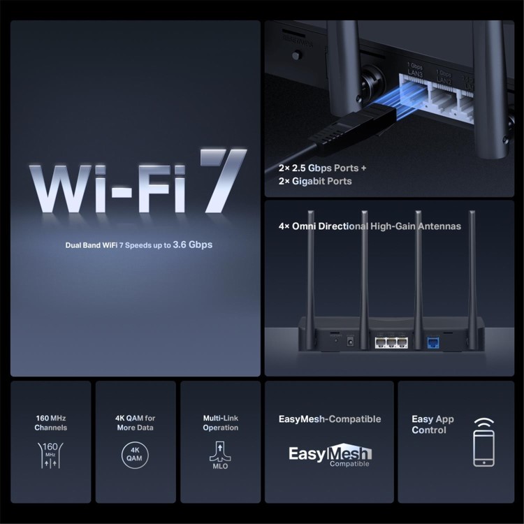 Mercusys MR27BE V1 - Wireless router 3-port switch - Wi-Fi 7, 1GbE, 2.5GbE Dual Band