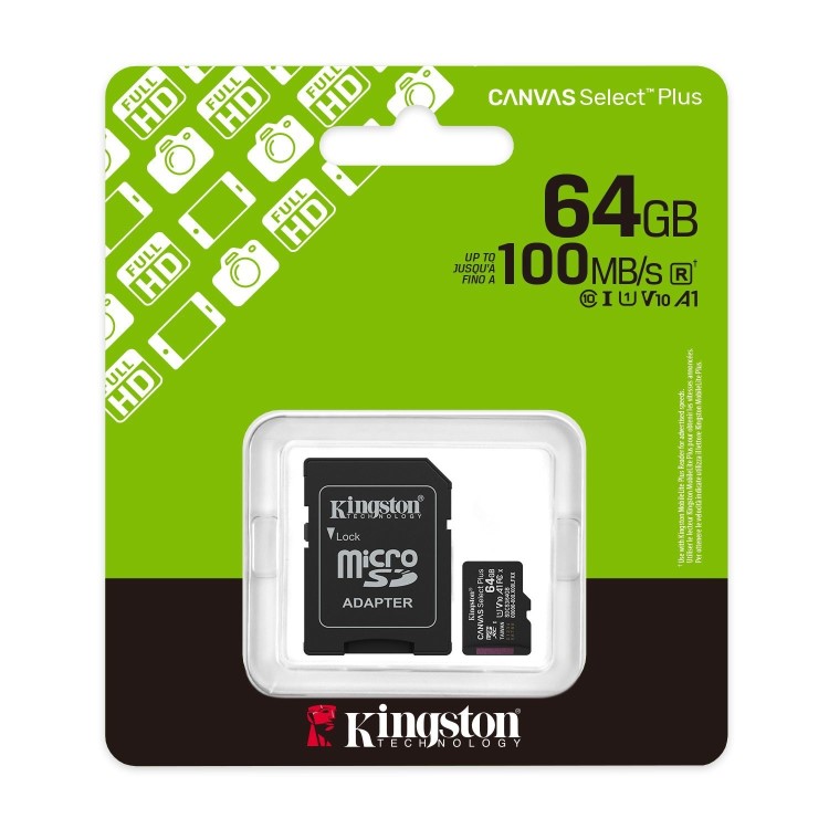Kingston Canvas Select Plus 64GB microSDXC UHS-I Memory Card + microSD to SD adapter